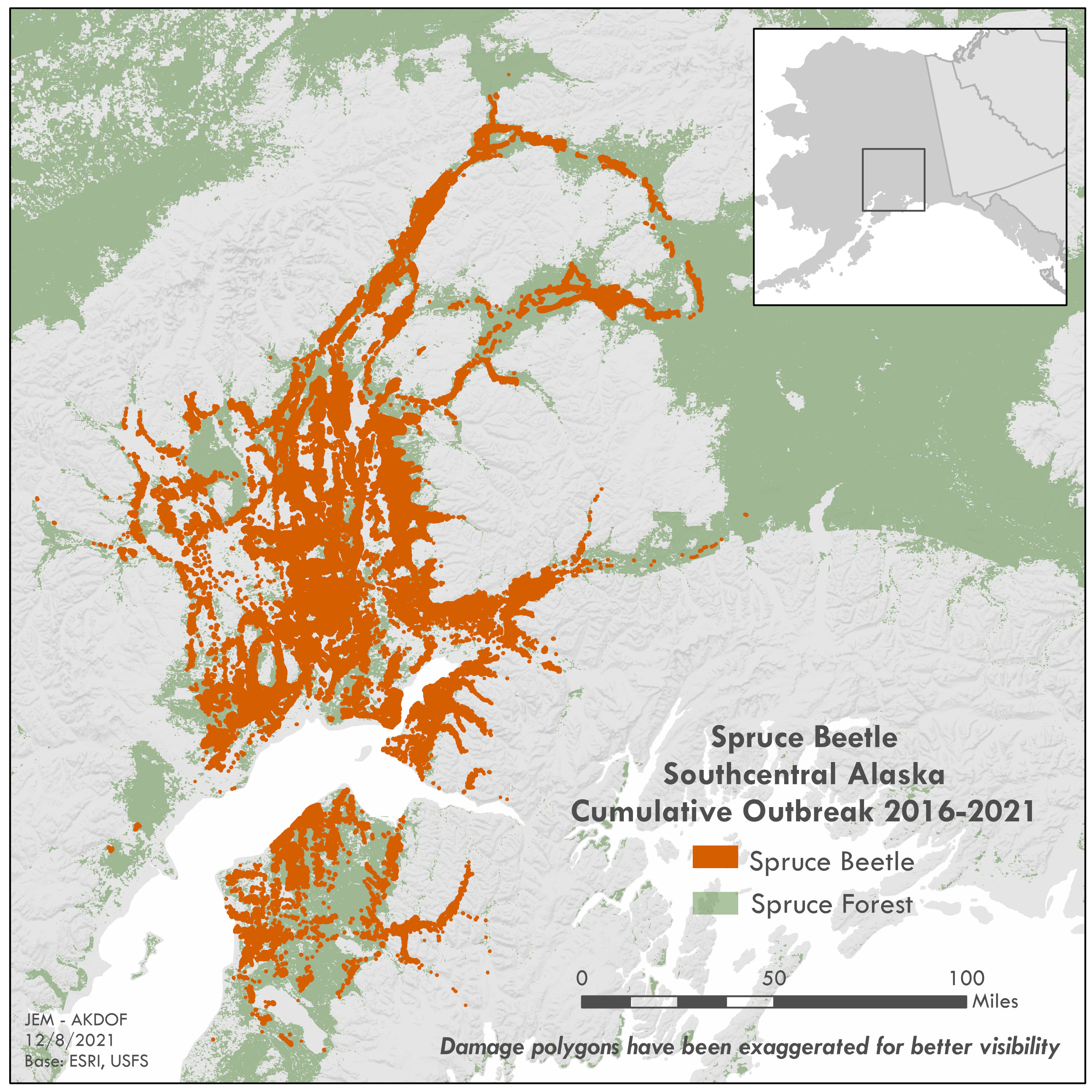 Map of detected spruce beetle damage by the US Forest Service